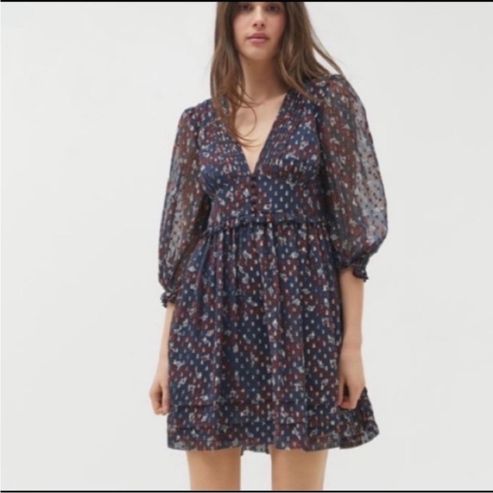 Urban Outfitters Navy Blue Metallic Puff Sleeve Mini Dress Babydoll Size XS - Picture 2 of 15